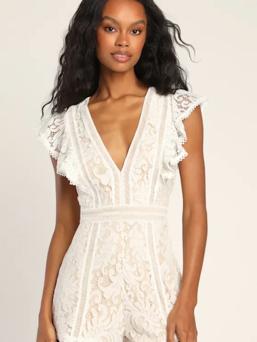 Lulus All the Attraction White Lace Ruffled Romper NWT